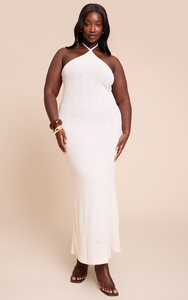 Plus Cream Textured Tie Halter Maxi Dress image 1