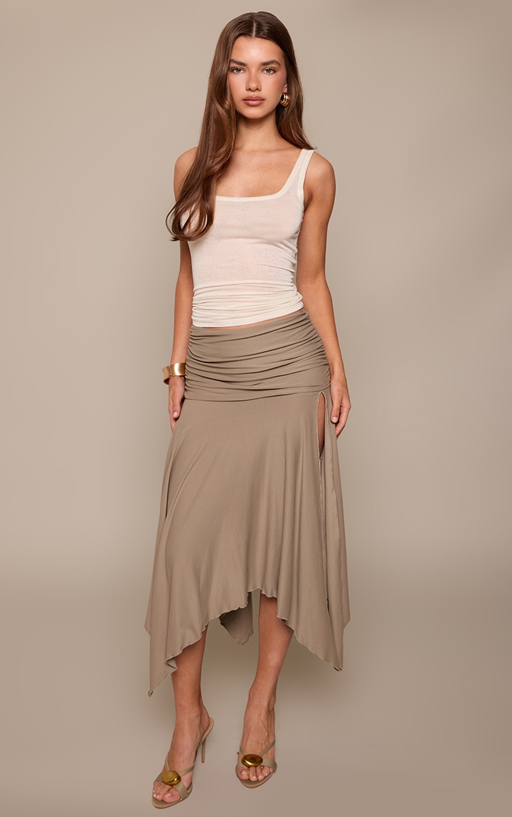 Taupe Soft Touch Ruched Asymmetric Midi Skirt   image 2