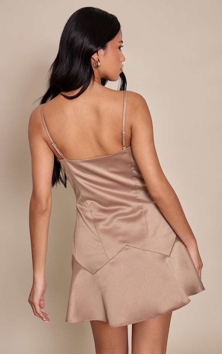 Light Brown Satin Embroired Mini Shift Dress image 2