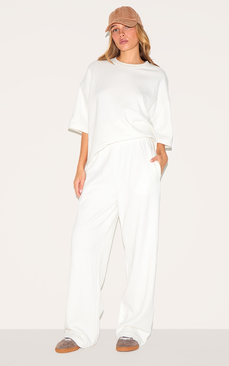 Pantalon large en jersey crème à taille mi-haute image 1