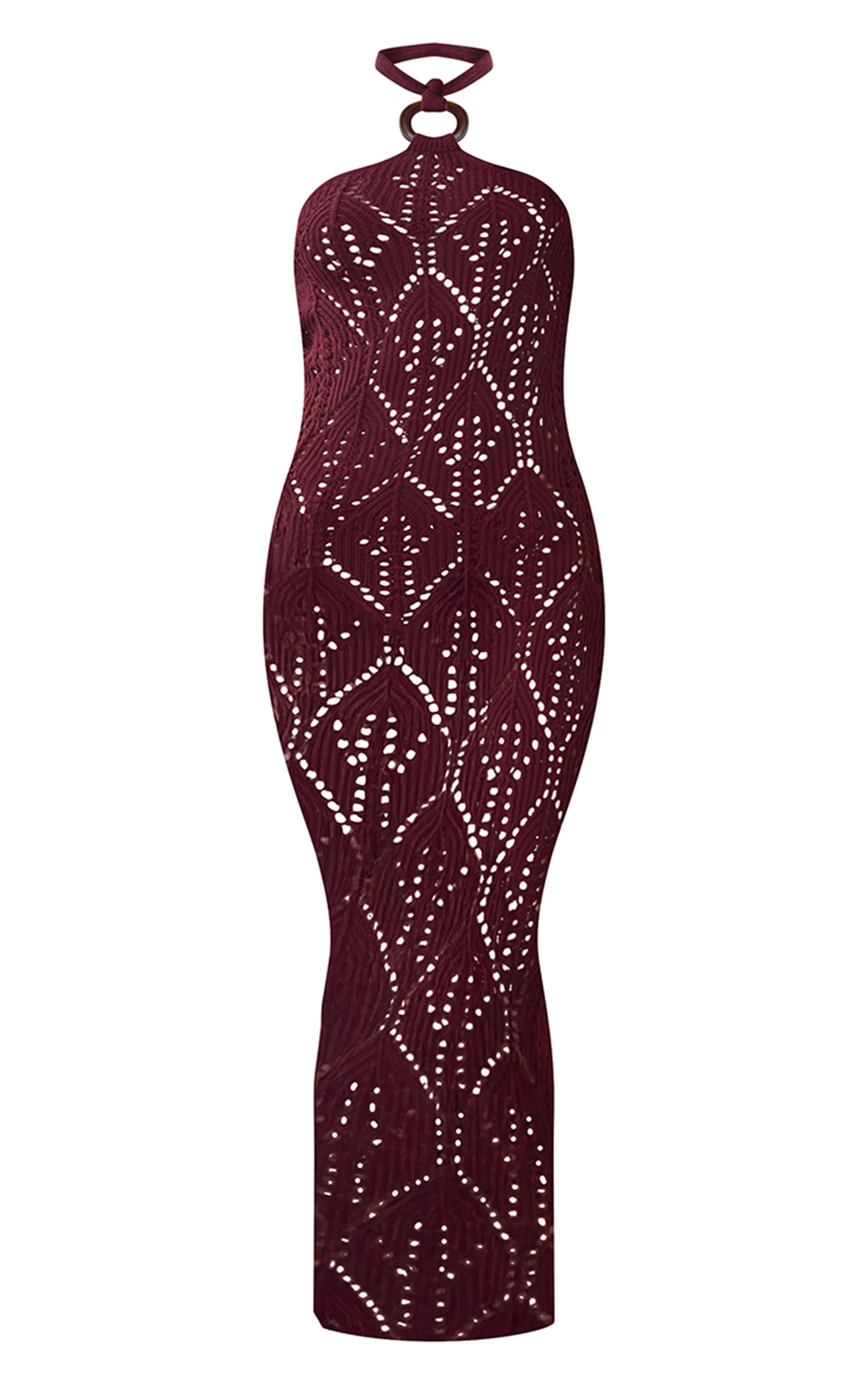 Burgundy Crochet Halter Neck Maxi Beach Dress image 1