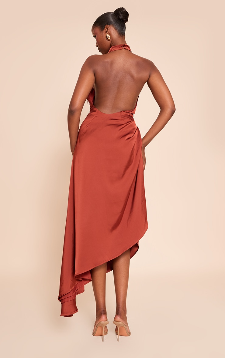 Rust Satin Cowl Neck Asymmetric Shift Dress image 2