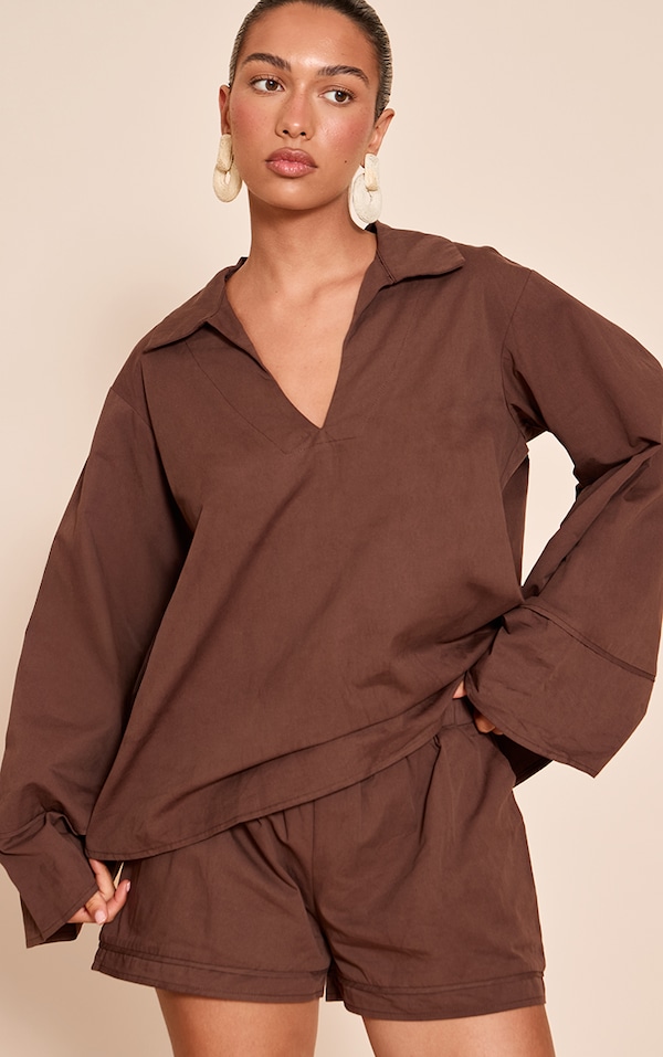  Chocolate Cotton Woven Pleate Detail Floaty Shorts
