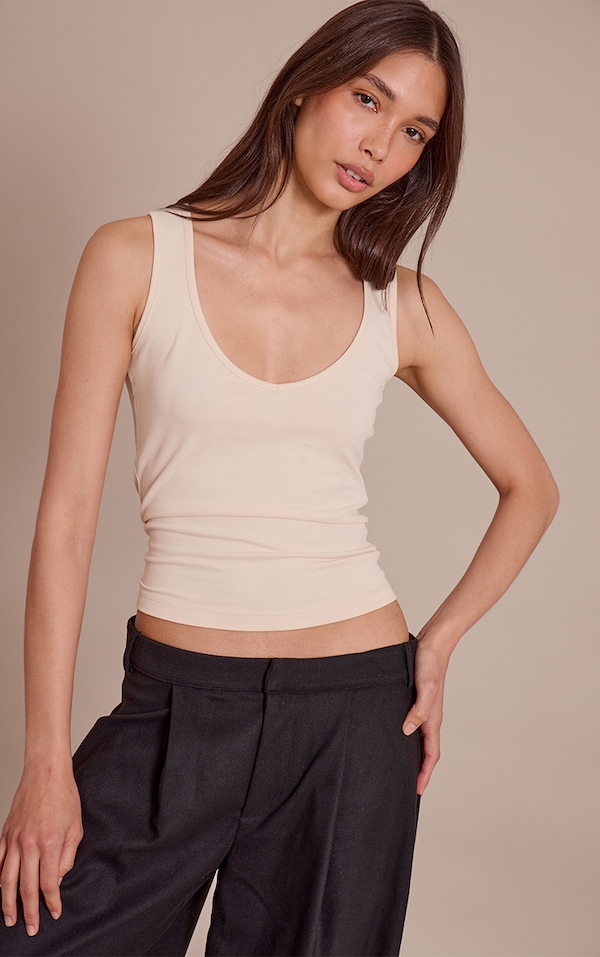 Oatmeal Soft Cotton V Neck Vest Top