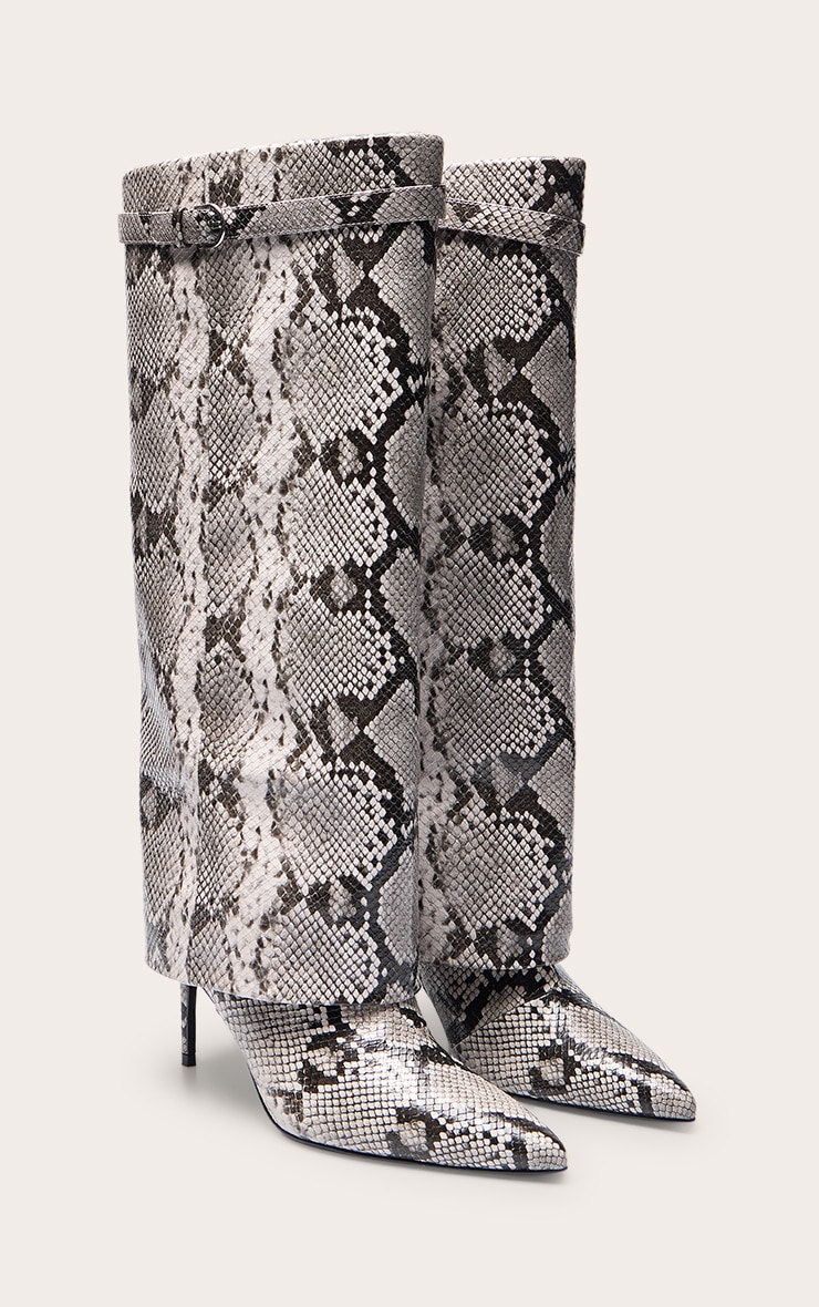 Grey Snake Fold Over Heeled Knee High Boot image 3