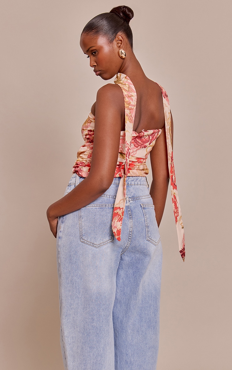 Multi Floral Print Chiffon Bandeau Scarf Detail Top image 2