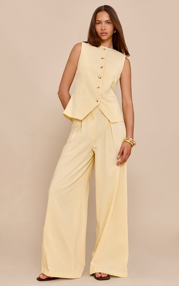 Butter Yellow Linen Look Wide Leg Pleated Pants image 1