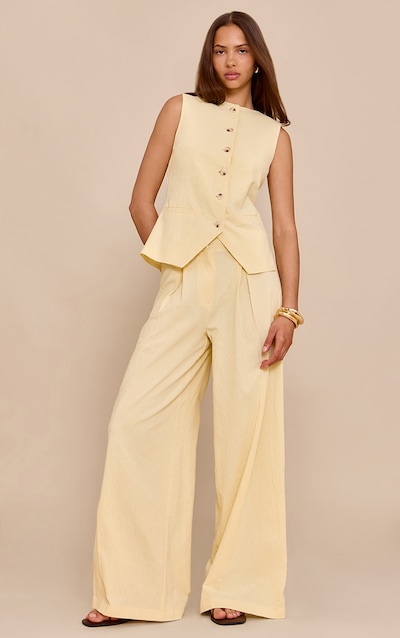 Butter Yellow Linen Look Wide Leg Pleated Pants