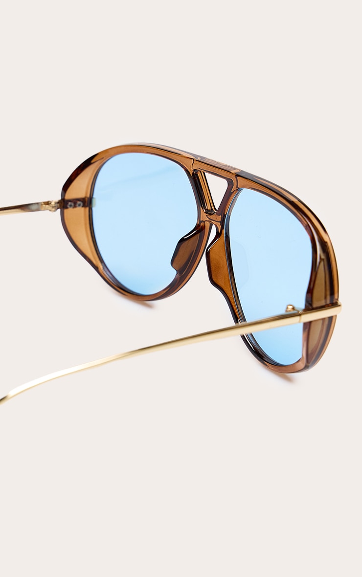 Brown Frame Blue Lens Aviator Sunglasses image 4