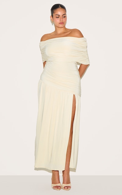 Plus Cream Double Layer Slinky Bardot Ruched Maxi Dress