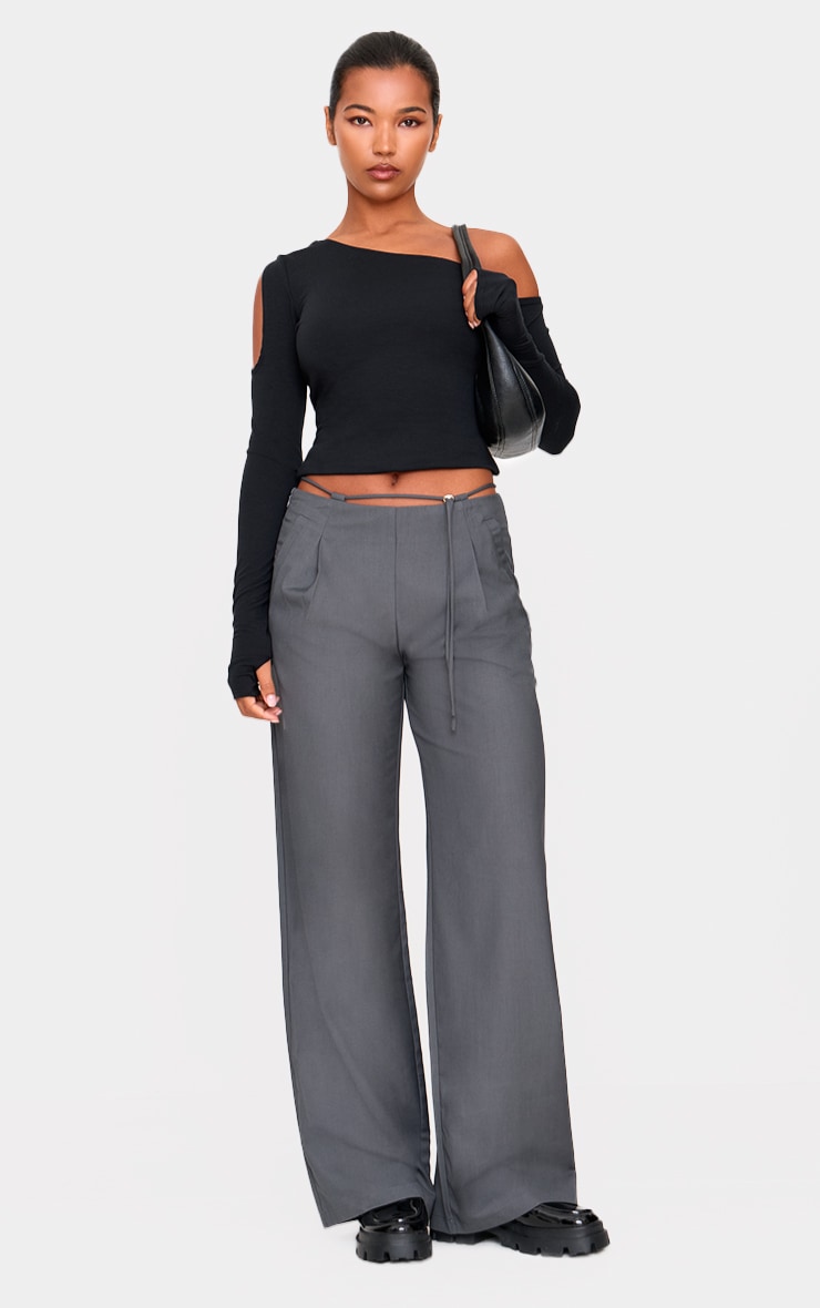 Charcoal Woven Low Rise Thin Belt Detail Straight Leg Pants