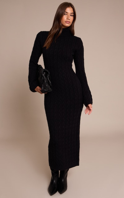 Robe longue en maille épaisse torsadée noire à col roulé