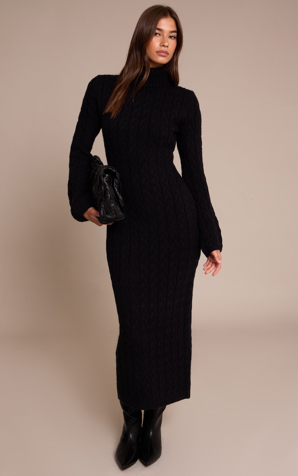 Black Chunky Cable Knit Roll Neck Maxi Sweater Dress