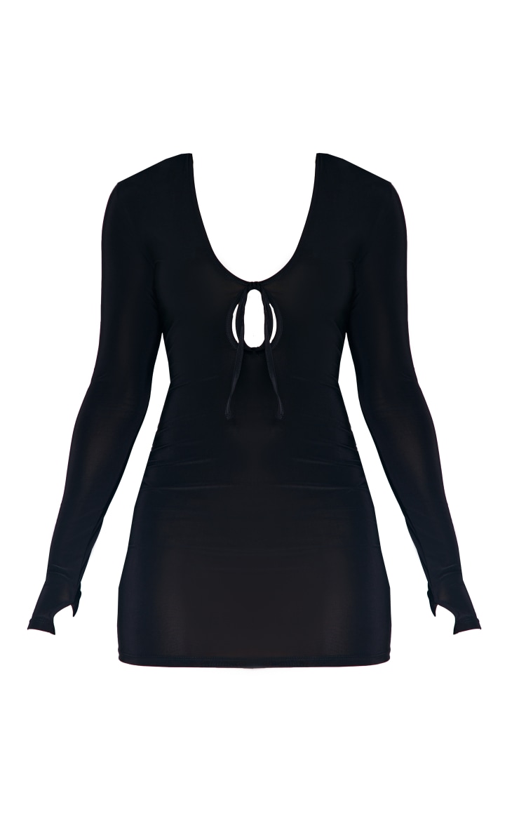 Black Slinky Tie Front Long Sleeve Bodycon Dress image 5