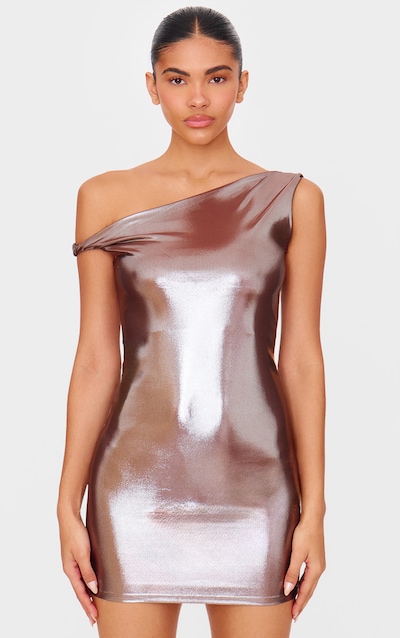 Bronze Metallic Asymmetric One Shoulder Mini Dress