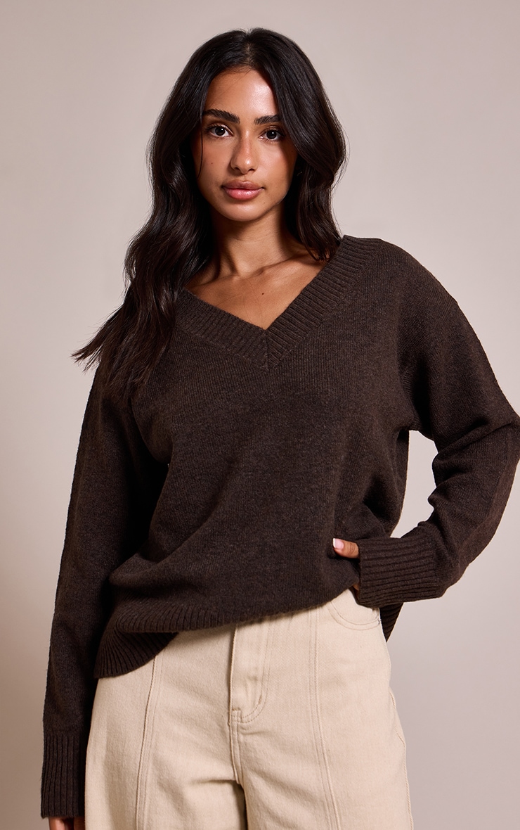 Petite Chocolate Knit V-neck Sweater image 1
