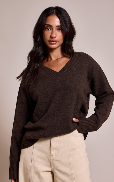 Petite Pull en maille tricot chocolat à col en V