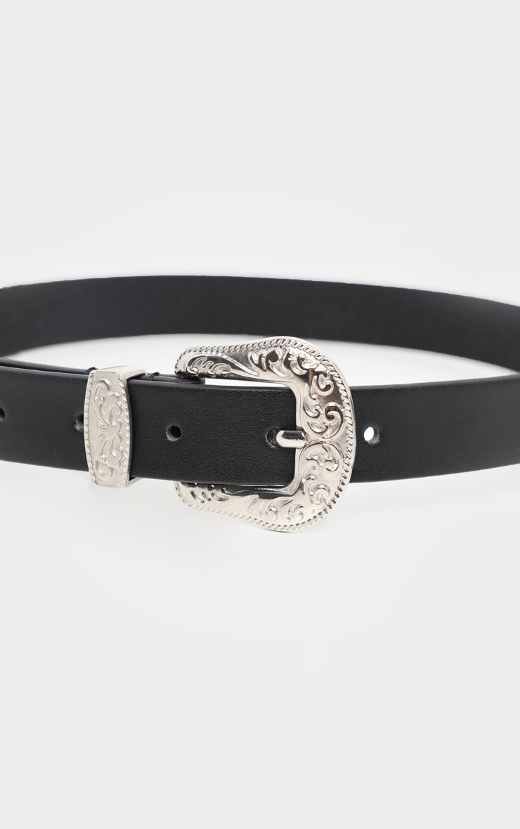 Black Ornate Buckle Skinny Waist Belt image 2