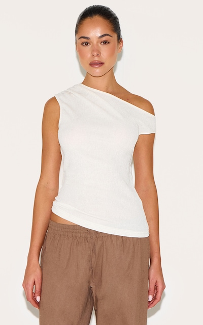Cream Textured Asymmetric Neckline Long Top