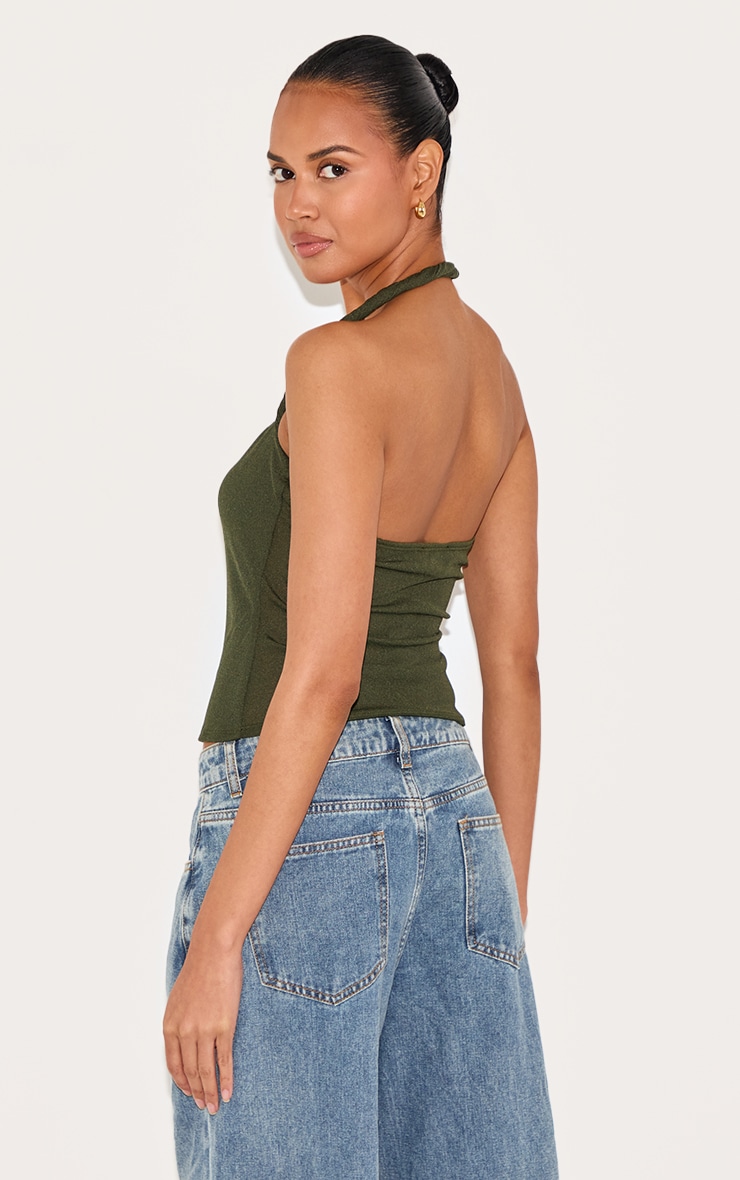 Olive Burnout Mesh Twist Halter Neck Long Top image 2