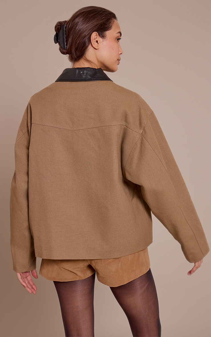 Brown Contrast Collar Twill Oversized Trucker Jacket image 2