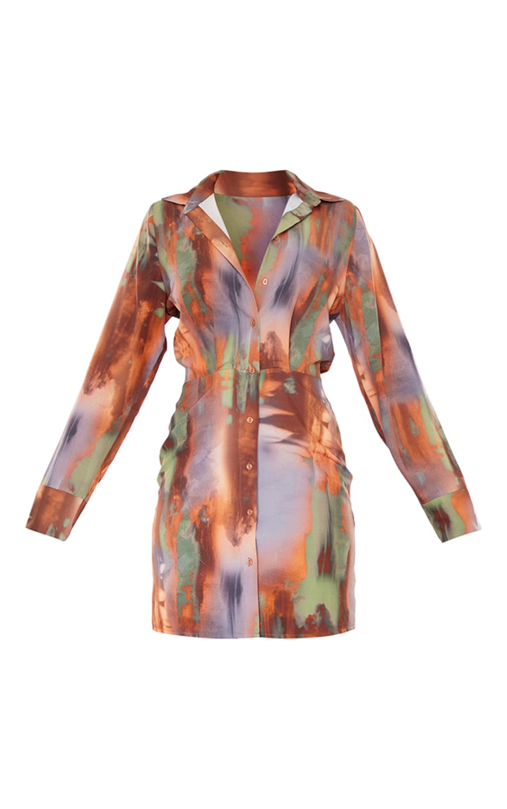 Brown Abstract Printed Long Sleeve Shirt Dress