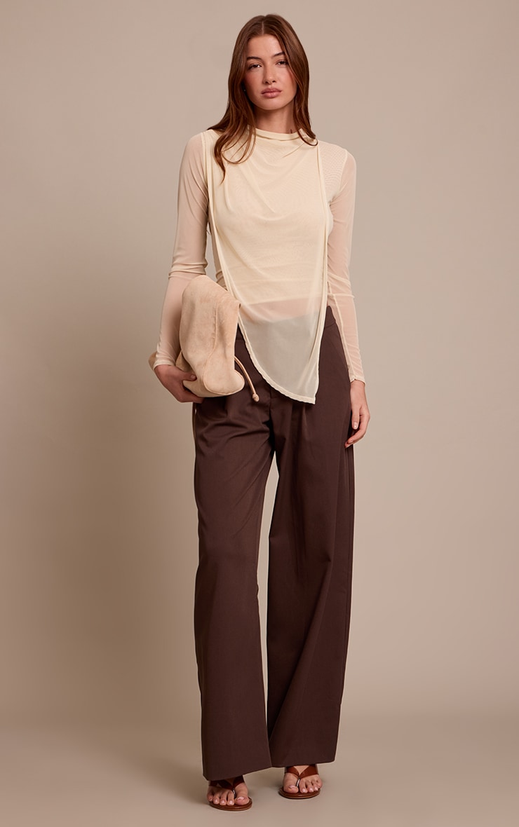 Cream High Neck Mesh Drapey Long Sleeve Top image 3