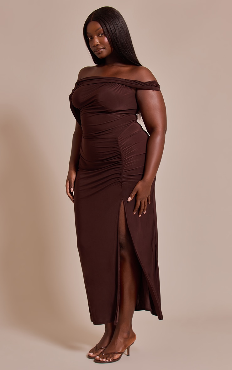 Plus Chocolate Slinky Twist Detail Maxi Dress image 3