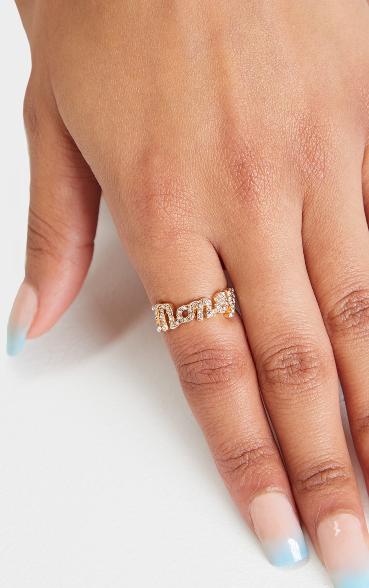 Gold Diamante Script Money Slogan Ring