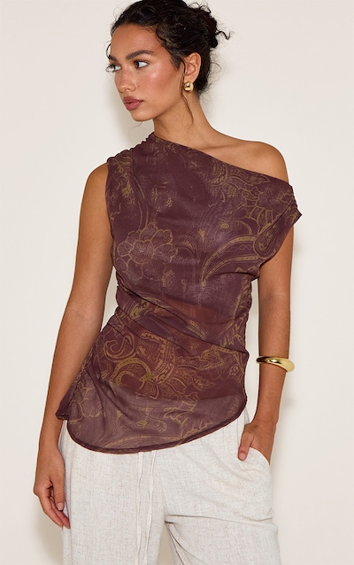 Brown Paisley Printed Chiffon Asymmetric Hem Long Top