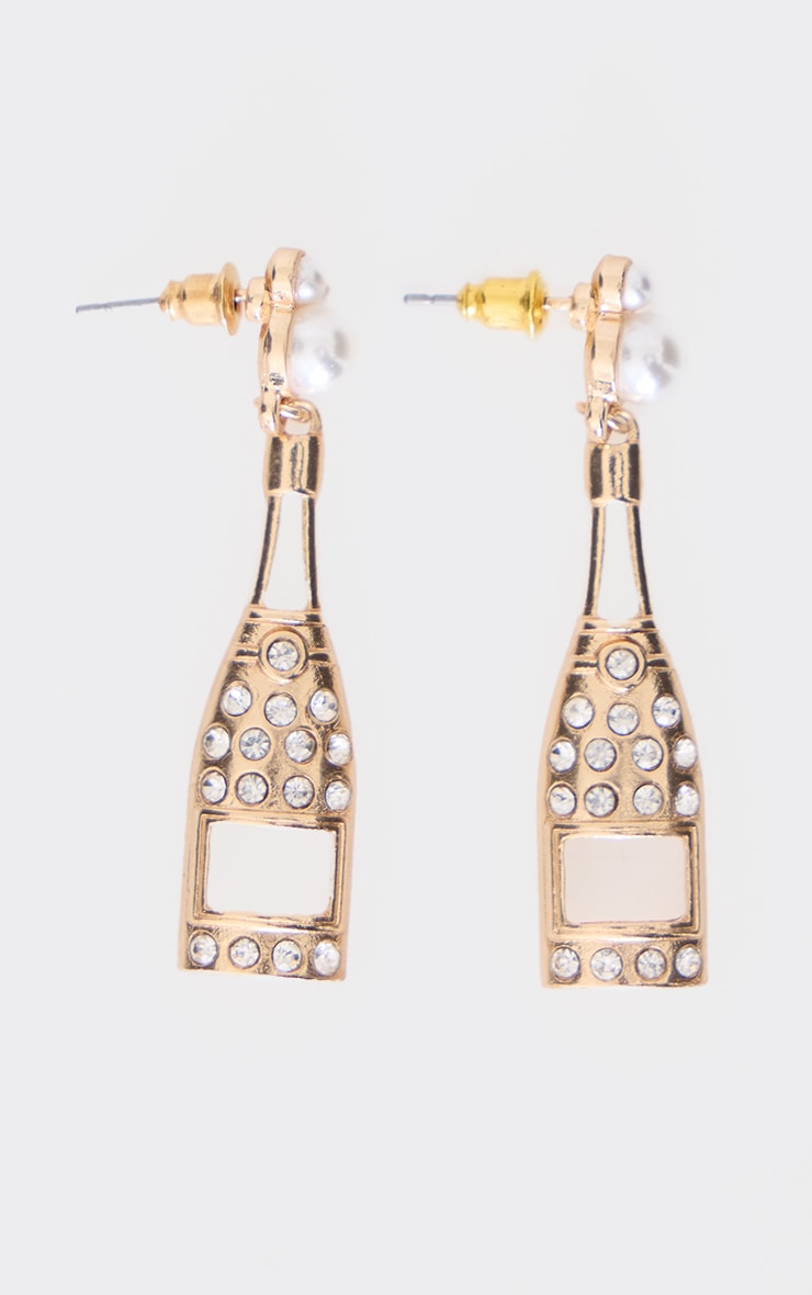 Gold Champagne Bottle Diamante Pearl Statement Earrings image 3