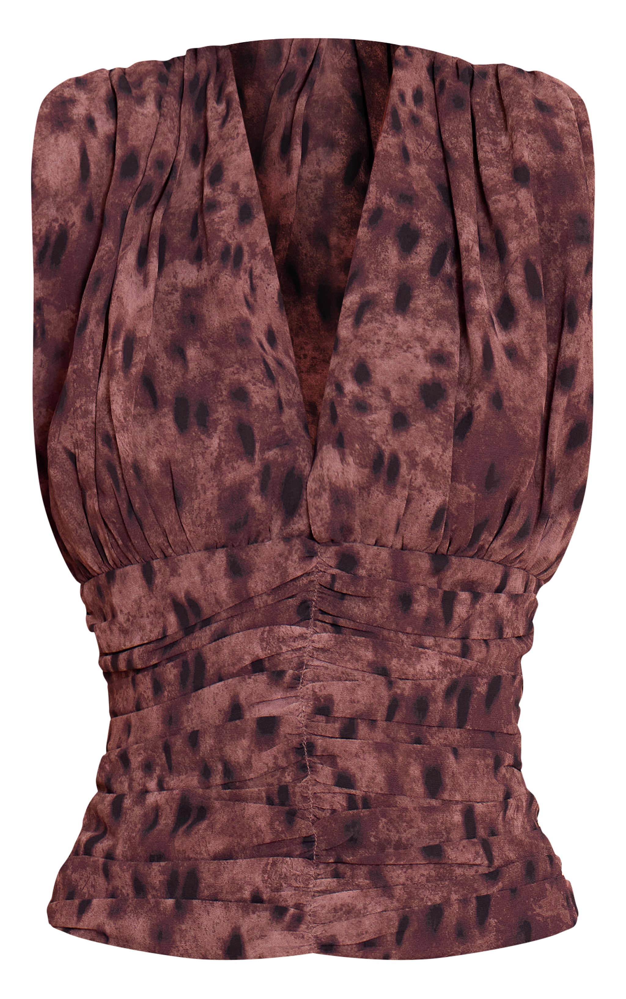 Grey Leopard Print Chiffon Plunge Ruched Bodice Top image 5