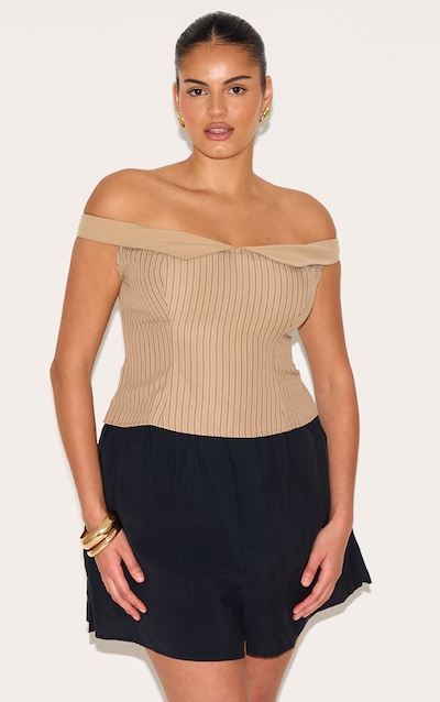 Plus Top long en peau de pêche marron à rayures et col bardot