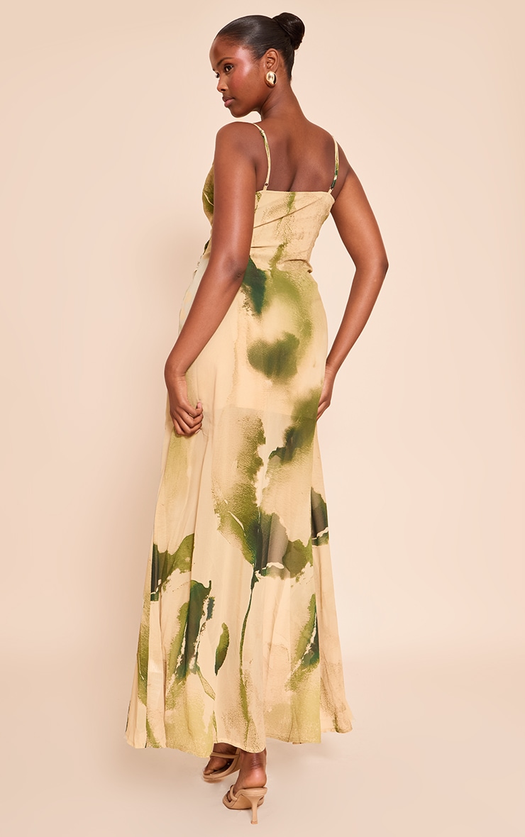 Green Floral Chiffon Frill Plunge Strappy Maxi Dress image 2