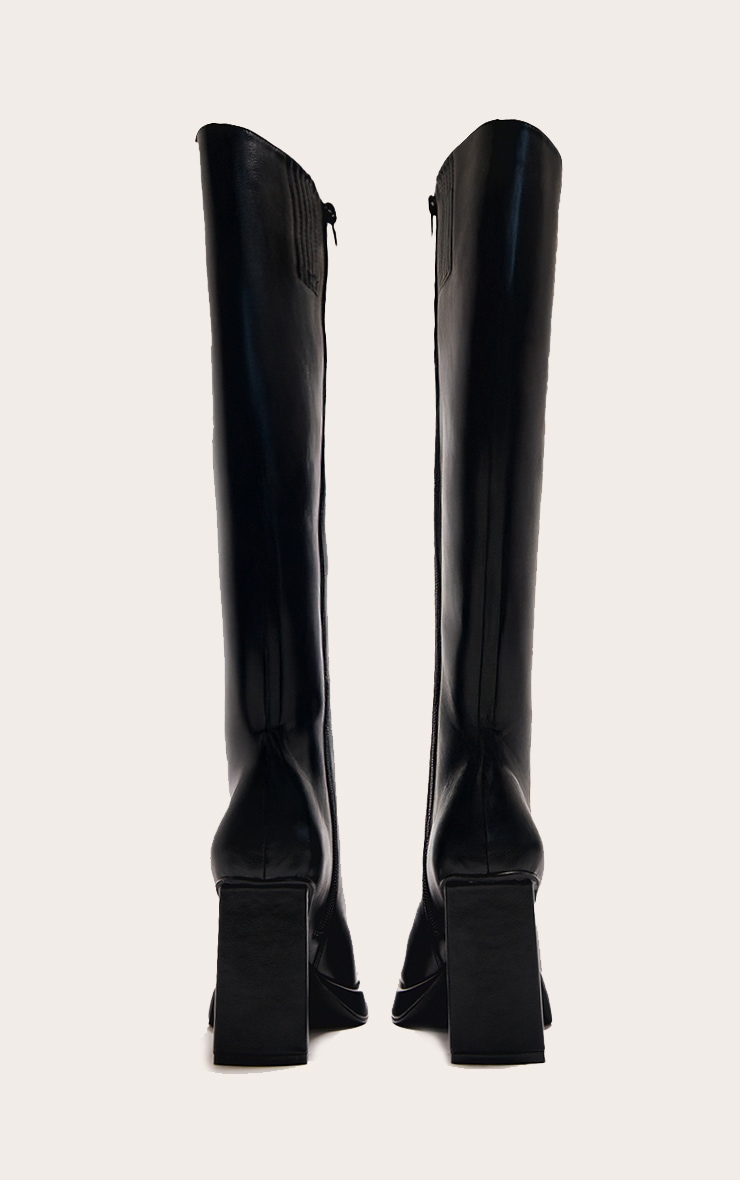 Black PU Square Toe Slight Platform Knee High Heeled Boots image 3