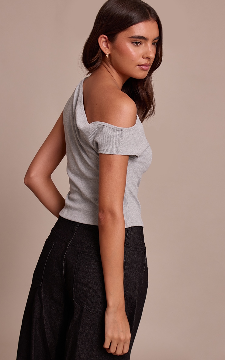 Grey Marl Soft Brushed Rib Asymmetric Neckline Long Top image 2