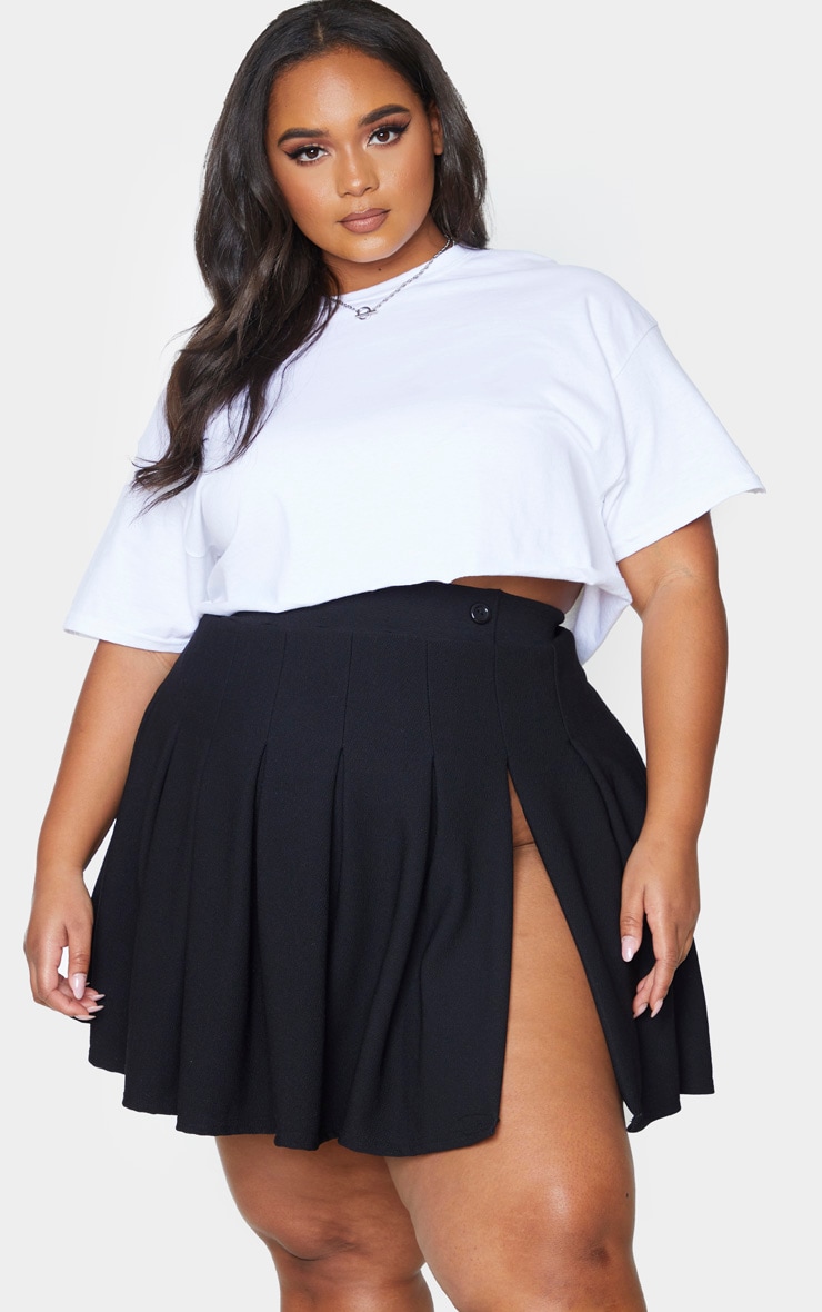 Plus Black Pleated Side Split Tennis Skirt