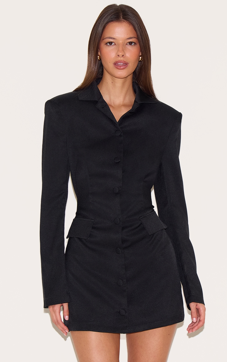 Black Tailored Button Up Pocket Detail Mini Dress image 4