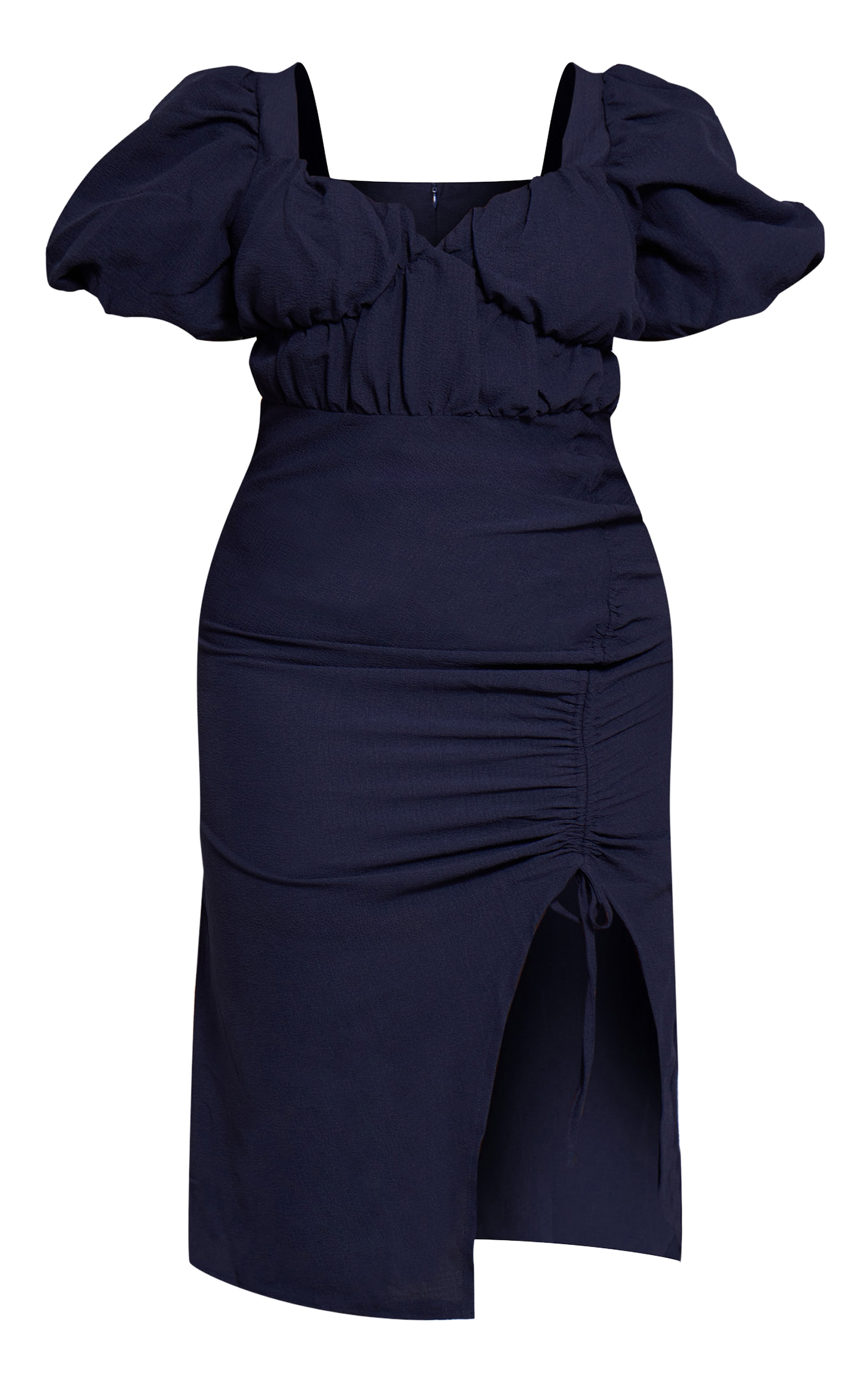 Plus Navy Puff Sleeve Ruched Split Side Midi Dress image 5