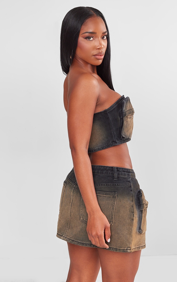 Shape Brown Washed Denim Pocket Detail Bandeau Crop Top image 2