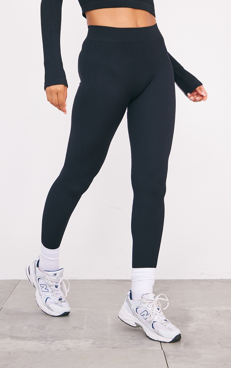 Black Structured Snatched Ribbed Leggings image 2