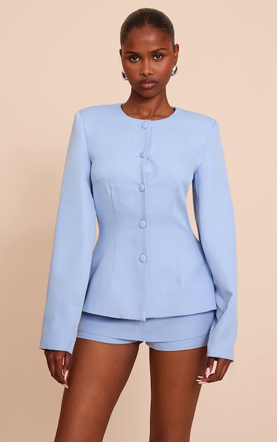 Powder Blue Woven Cinched Waist Cocoon Sleeve Button Up Blazer