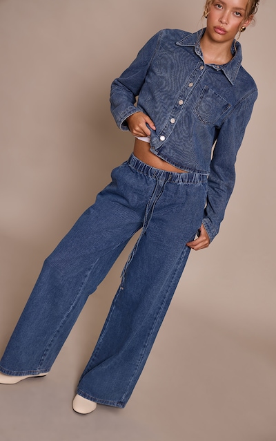 Mid Blue Relaxed Tie Waistband Wide Leg Jeans