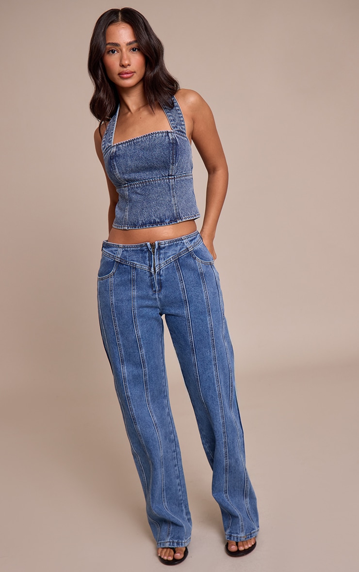 Petite Mid Blue Denim Halterneck Top image 3