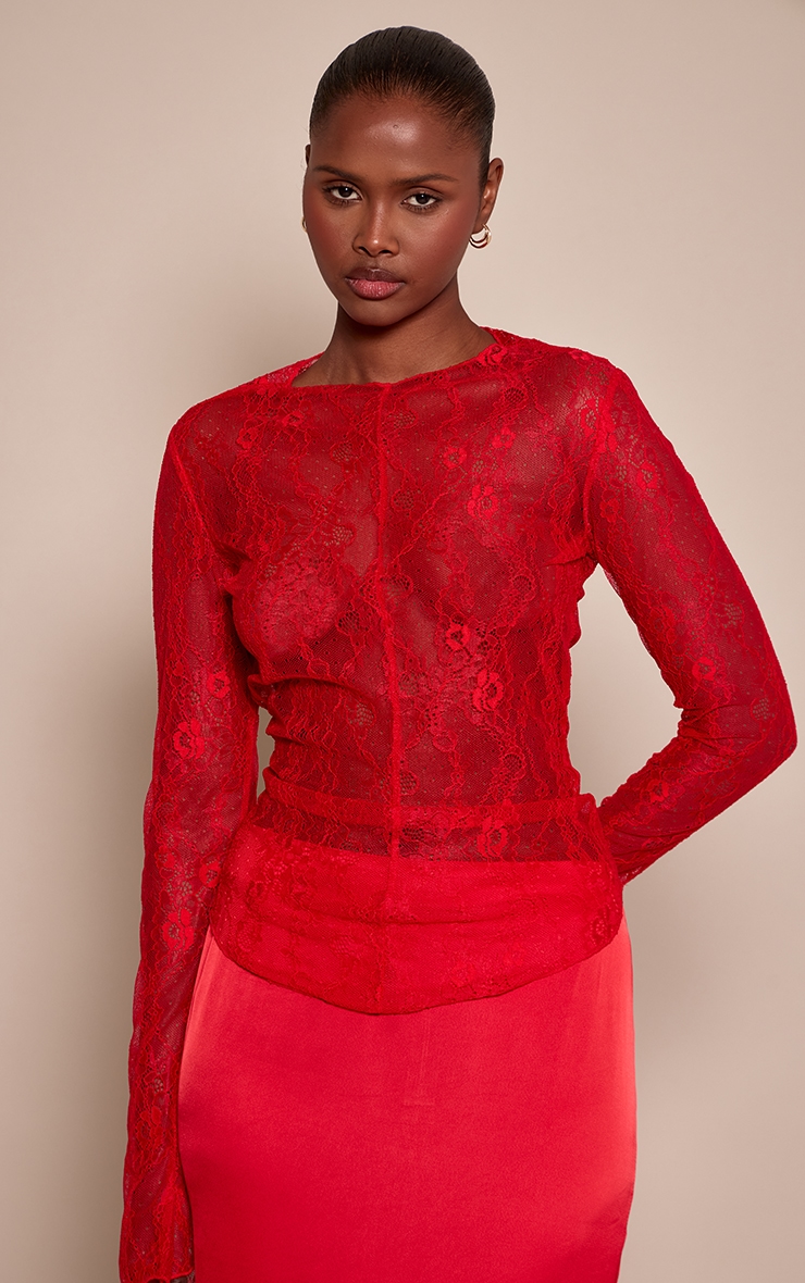 Red Long Sleeve Delicate Lace Top