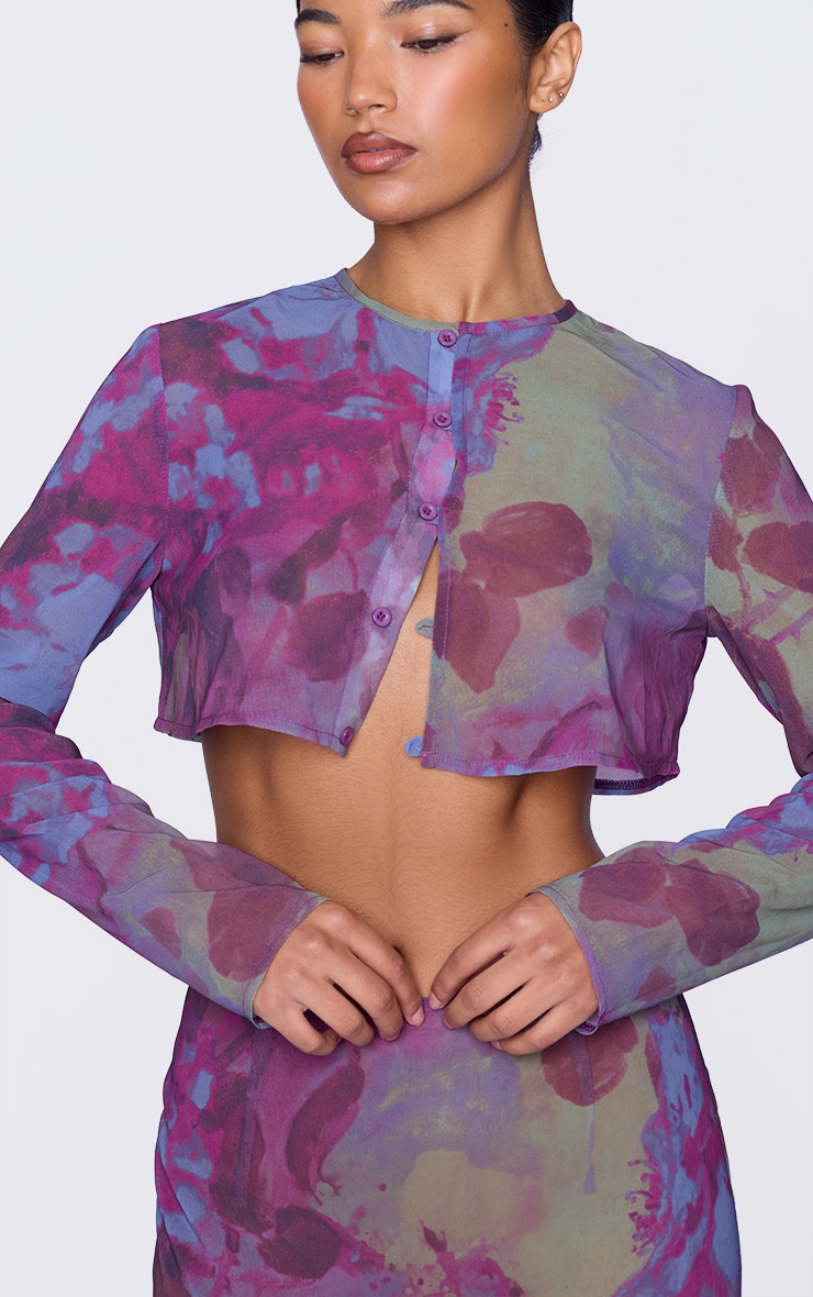 Multi Floral Print Chiffon Cropped Blouse image 4