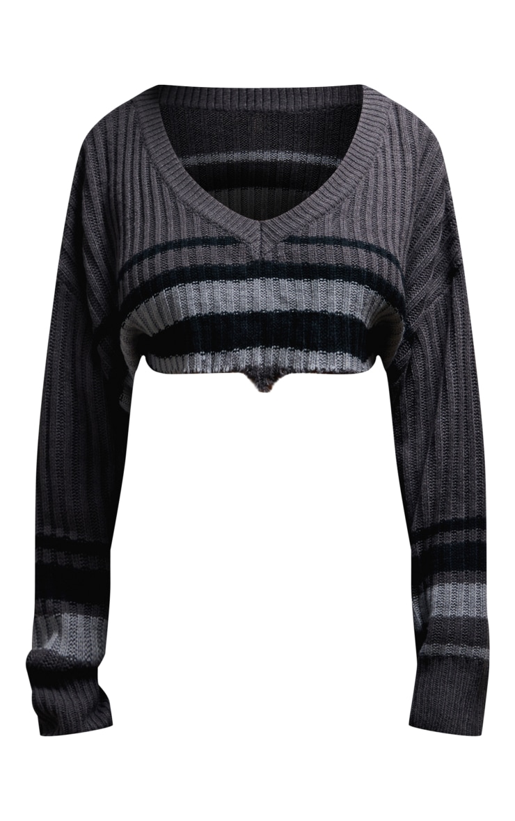 Charcoal Stripes Raw Edge Crop Knit Sweater image 5