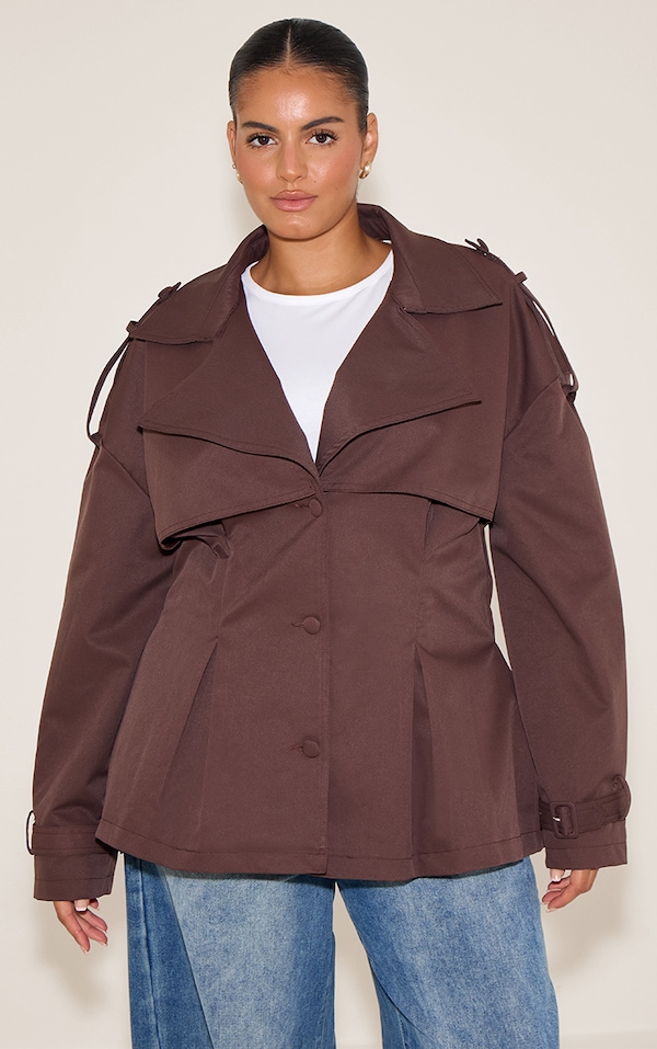 Plus Chocolate Plum Cropped Belted Trench Coat
