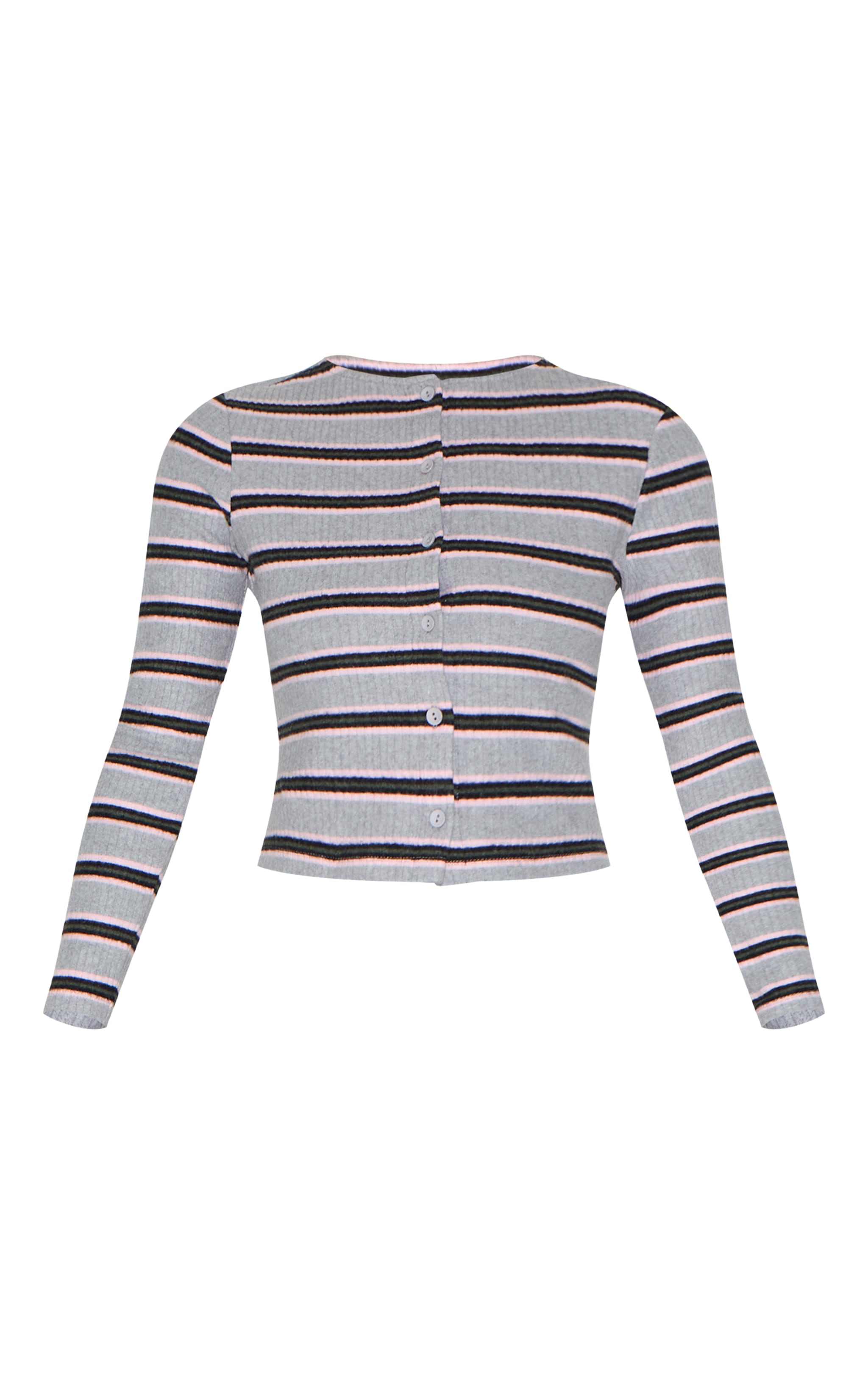 Grey Brushed Rib Striped Long Sleeve Button Up Top image 5