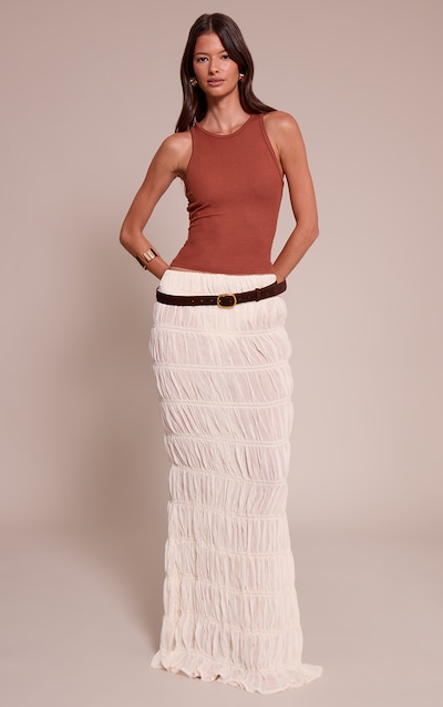 Cream Belted Sheer Tiered Maxi Skirt